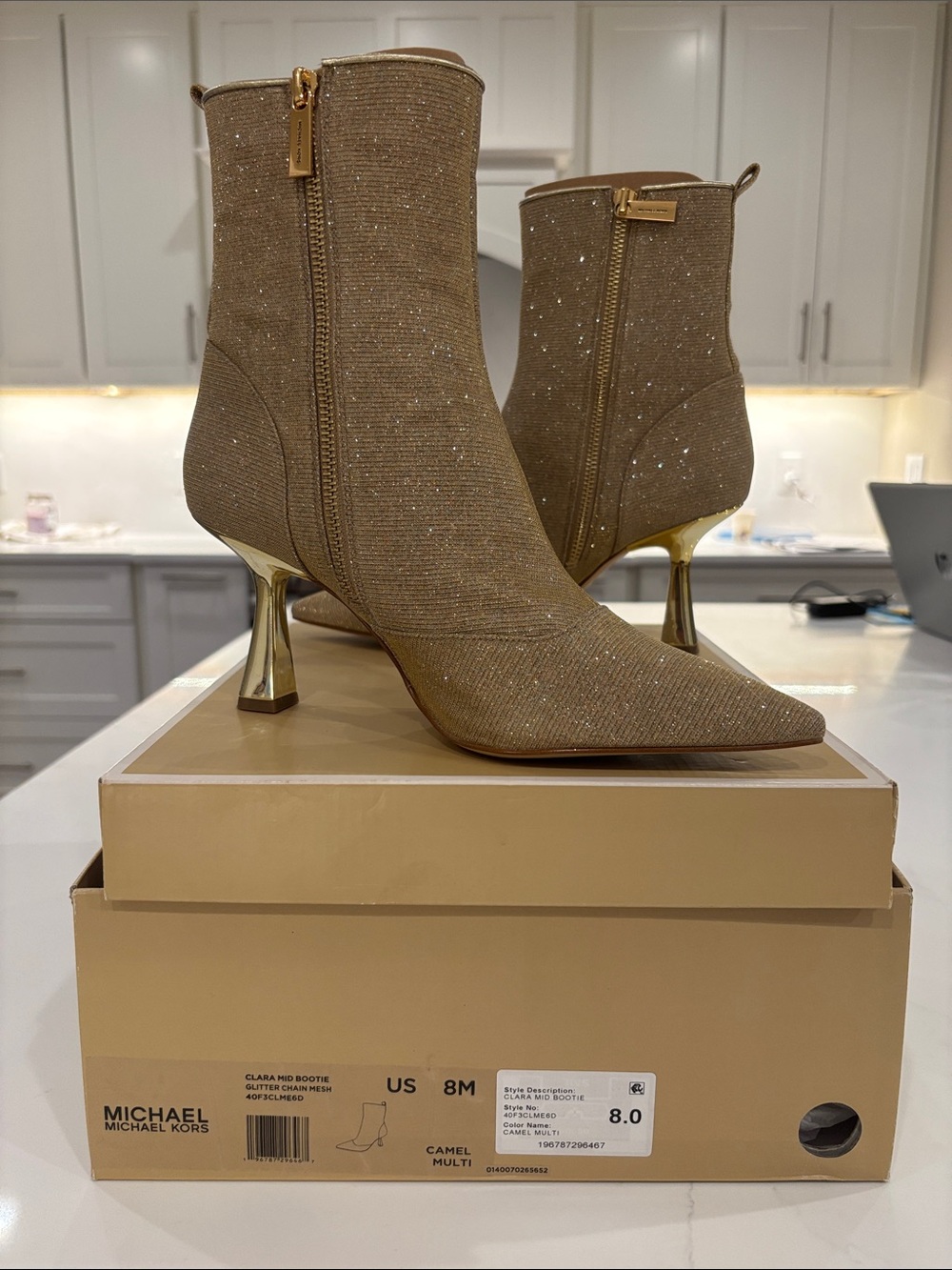 Michael Kors Camel Glitter Pointed-Toe Ankle Booties with Gold Heel